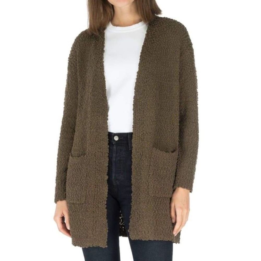 Olive Cardigan Sweater Popcorn Olive Long Sleeve Soft Boucle Casual Boho Large L - Picture 2 of 2
